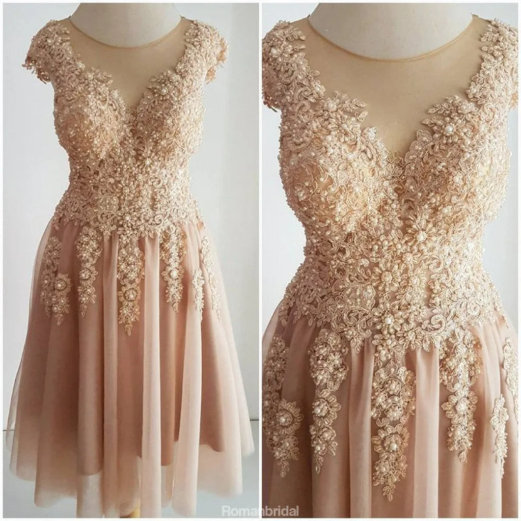 Sparkly A-Line Lace Appliques Beading Cap Sleeves Tulle Homecoming Dresses, HD0418