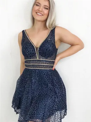 Sparkly A-line V-neck Backless Beading Homecoming Dresses, HD0532