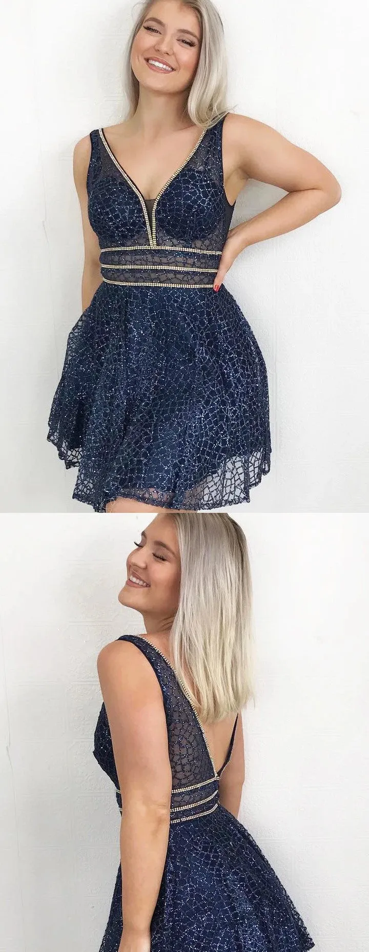 Sparkly A-line V-neck Backless Beading Homecoming Dresses, HD0532