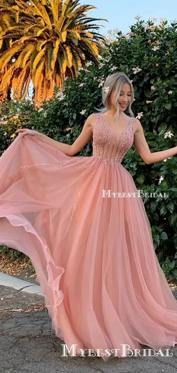 Sparkly Beading Charming V Neck Pink Tulle A Line Beauty Long Cheap Evening Party Formal Prom Dresses, PDS0051
