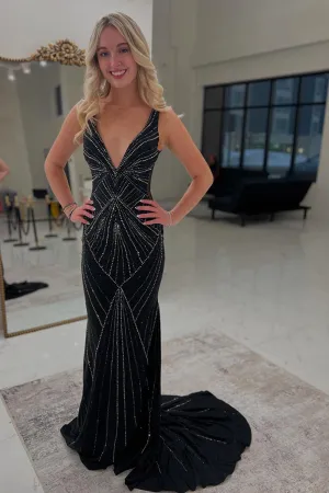 Sparkly Black Satin Beaded Mermaid Long Prom Dress