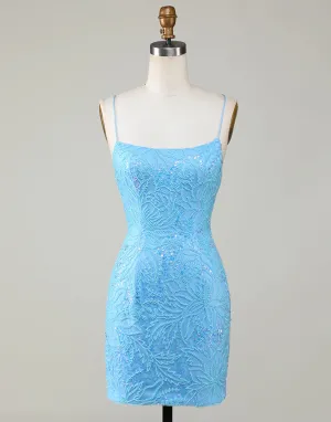 Sparkly Blue Beaded Lace Up Tight Short Homecoming Dress
