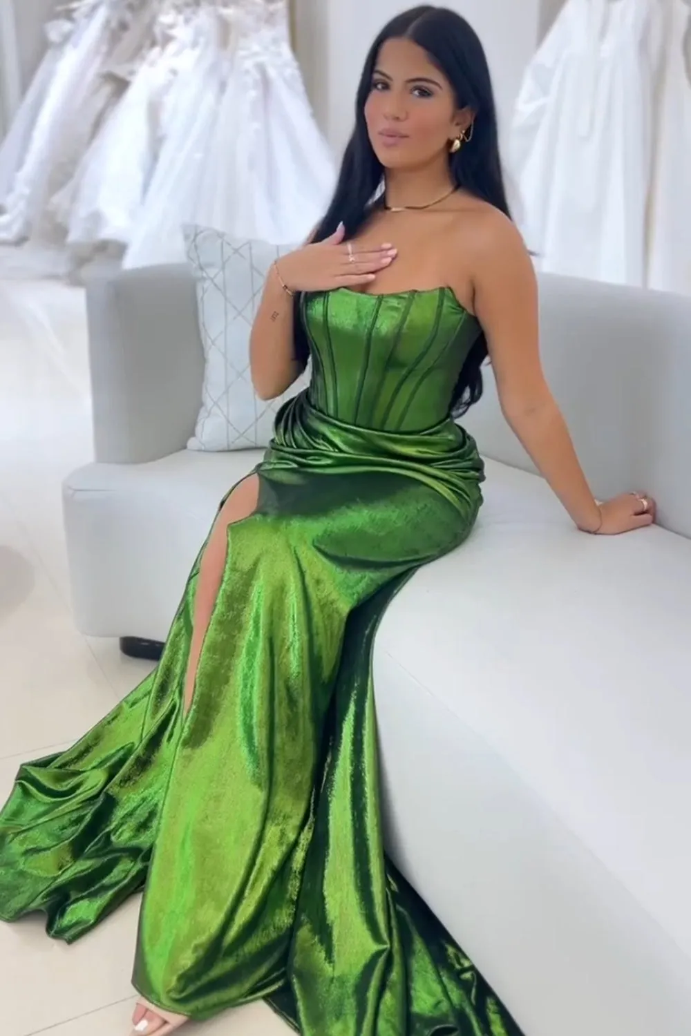 Sparkly Dark Green Mermaid Long Corset Prom Dress with Slit