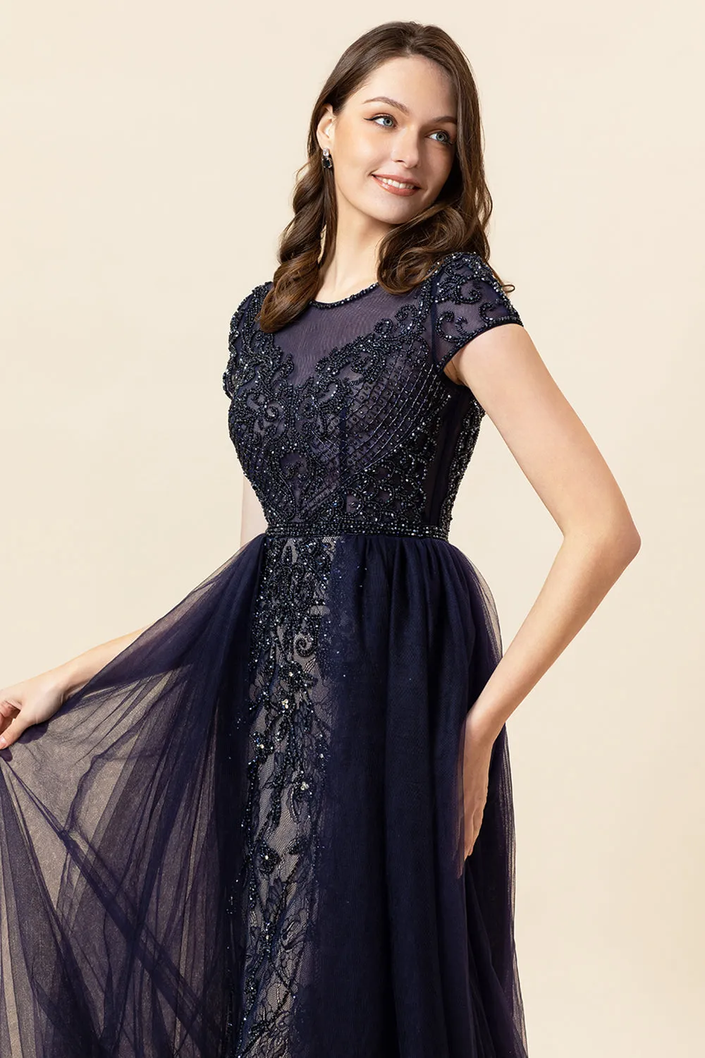 Sparkly Dark Grey Beaded Long Formal Dress