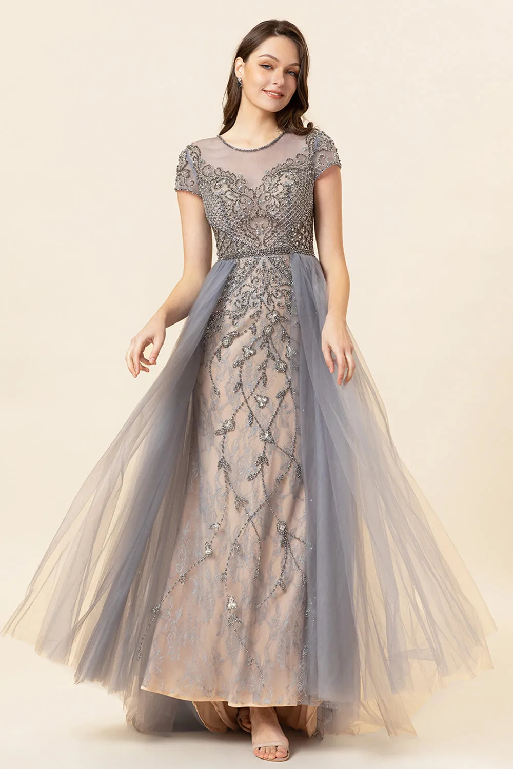 Sparkly Dark Grey Beaded Long Formal Dress