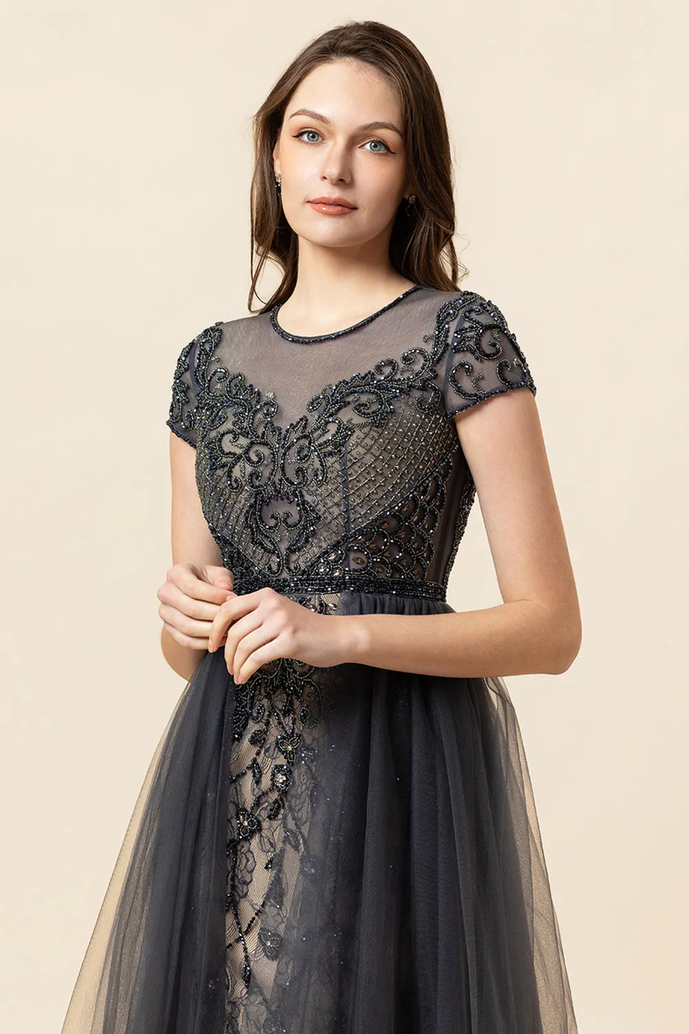 Sparkly Dark Grey Beaded Long Formal Dress