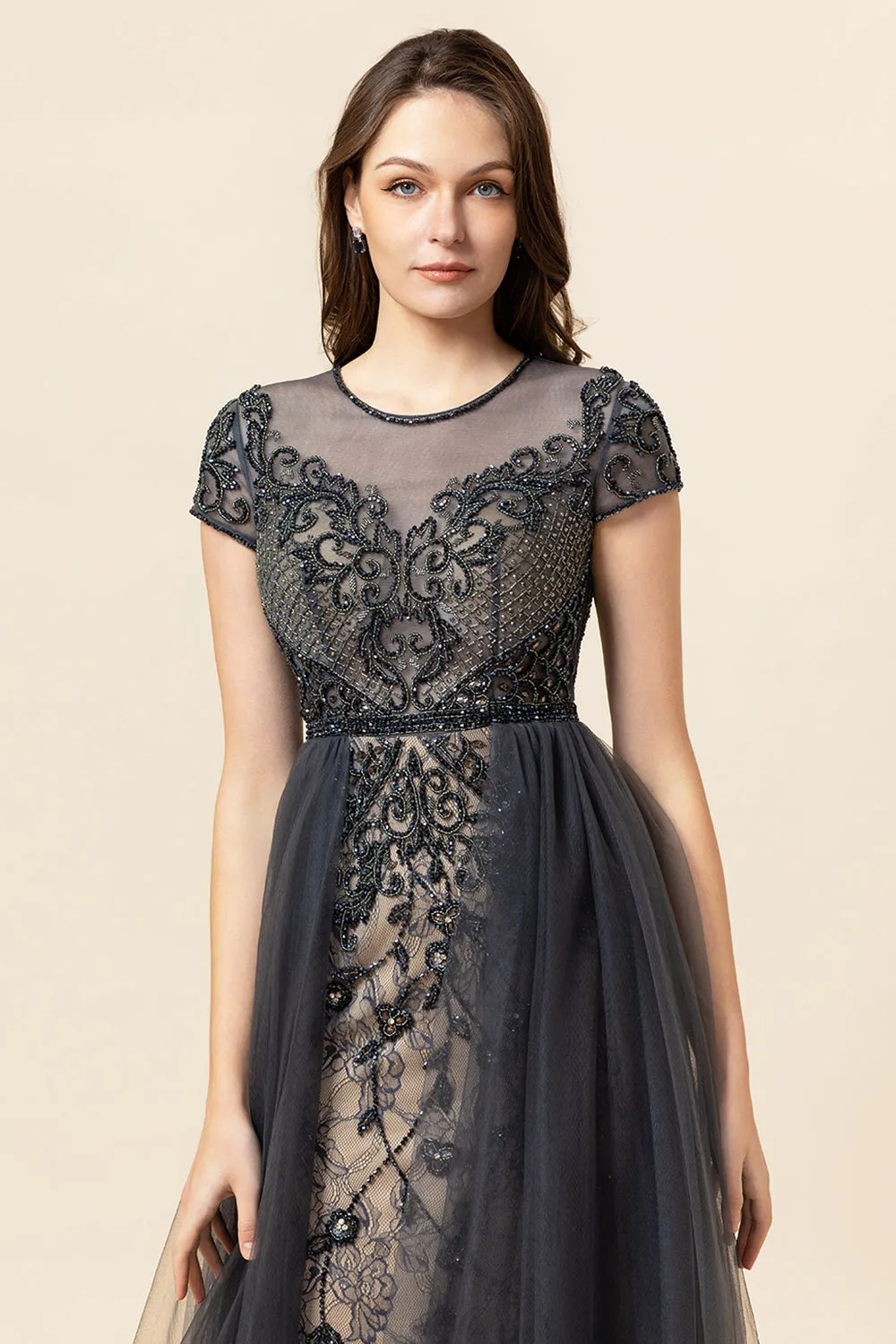 Sparkly Dark Grey Beaded Long Formal Dress