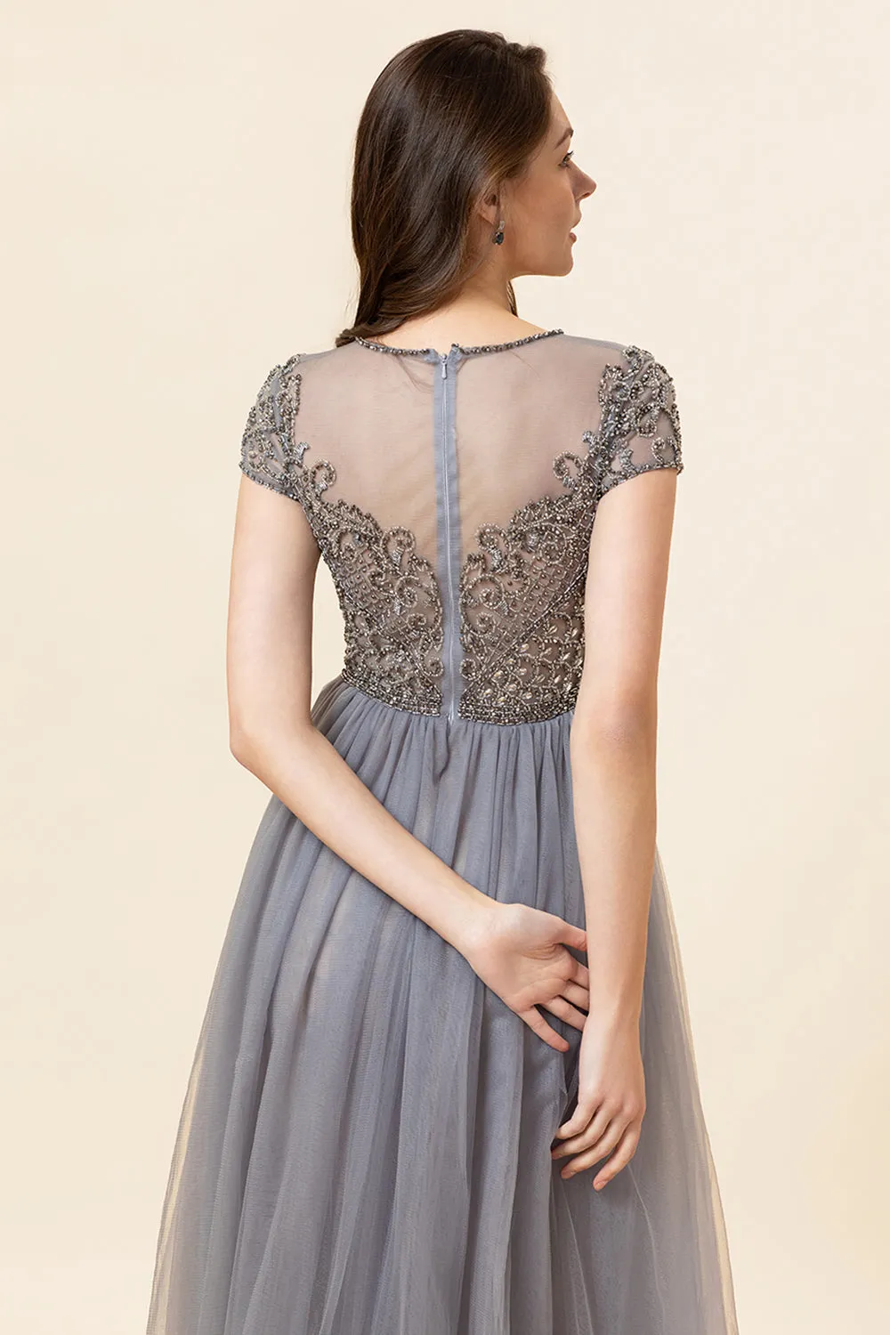 Sparkly Dark Grey Beaded Long Formal Dress