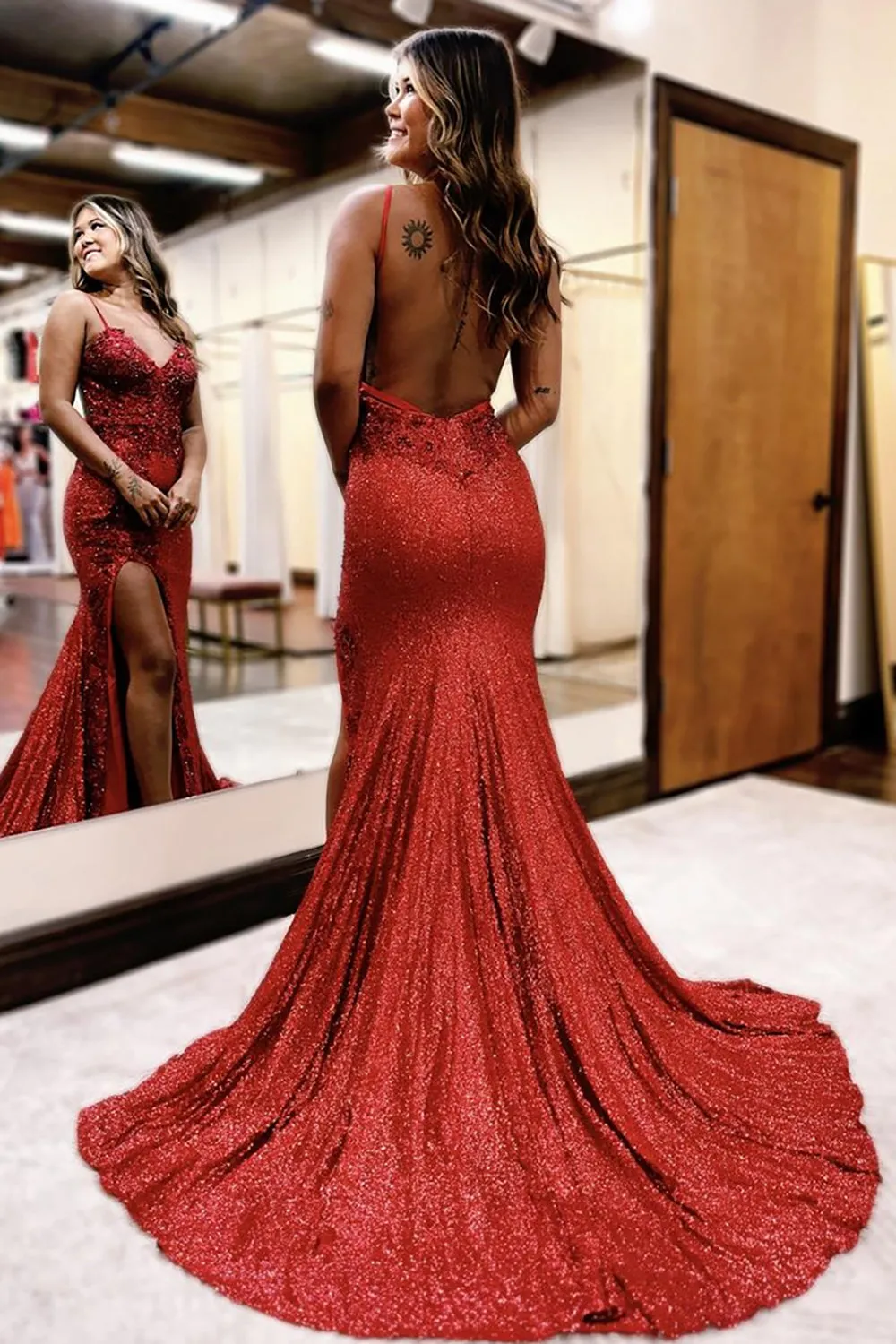 Sparkly Dark Red Sequin Mermaid Long Prom Dress with Slit