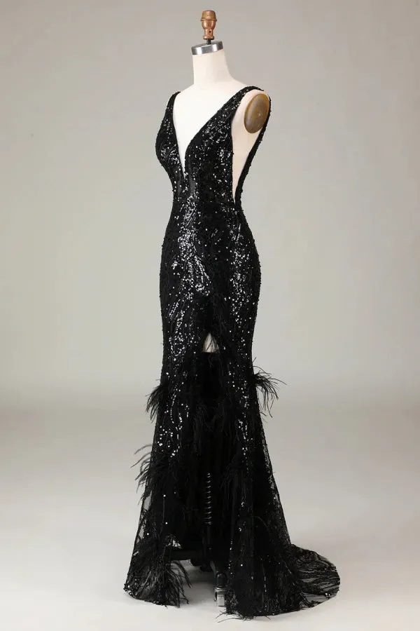 Sparkly Deep V-neck sequins Mermaid Black Long Prom Dress TP1378