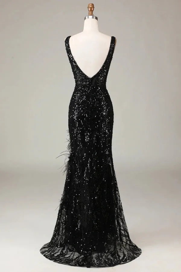 Sparkly Deep V-neck sequins Mermaid Black Long Prom Dress TP1378