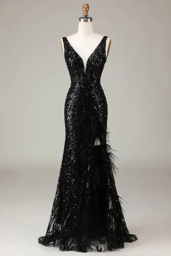 Sparkly Deep V-neck sequins Mermaid Black Long Prom Dress TP1378