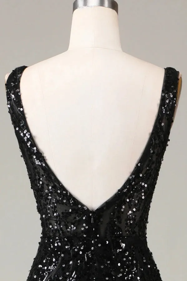 Sparkly Deep V-neck sequins Mermaid Black Long Prom Dress TP1378