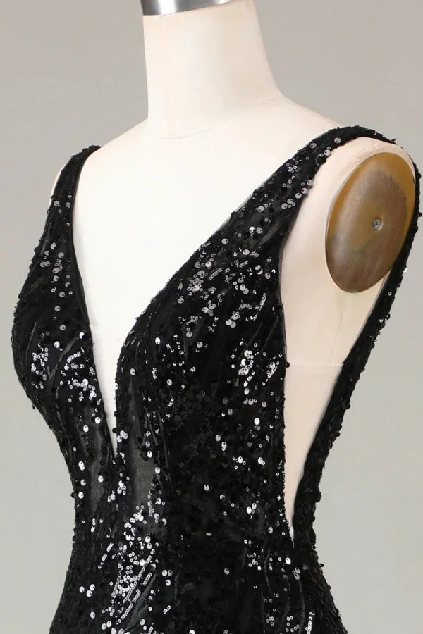 Sparkly Deep V-neck sequins Mermaid Black Long Prom Dress TP1378