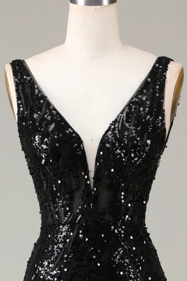 Sparkly Deep V-neck sequins Mermaid Black Long Prom Dress TP1378