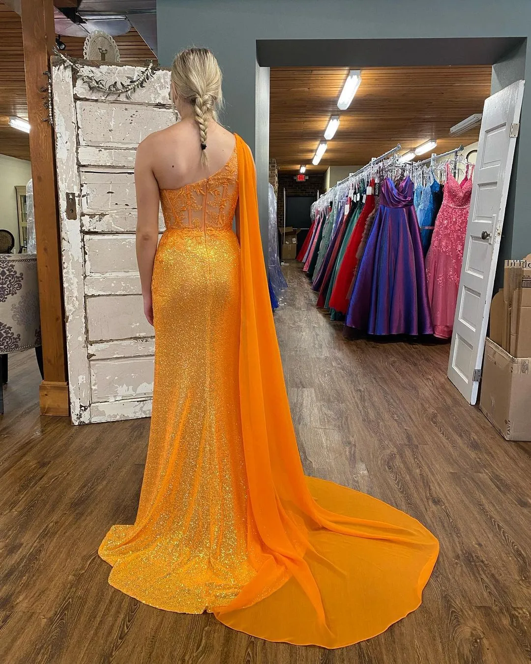 Sparkly Fuchsia Mermaid One Shoulder Appliques Prom Dress With Slit