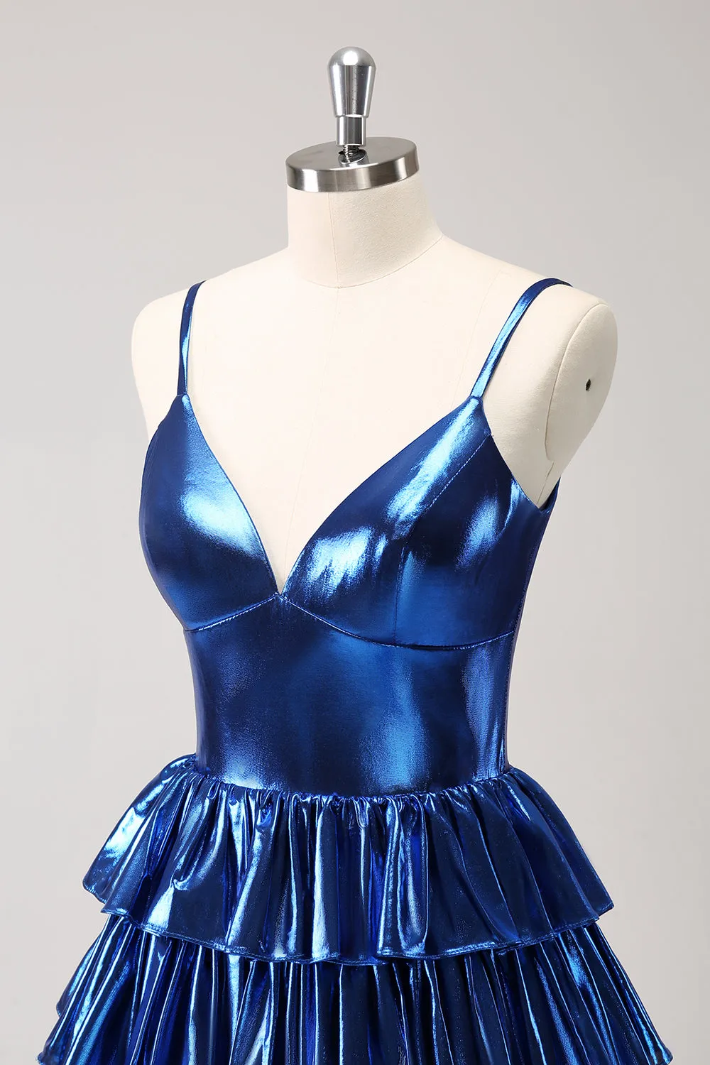 Sparkly Ink Blue A Line Corset Tiered Homecoming Dress with Ruffles