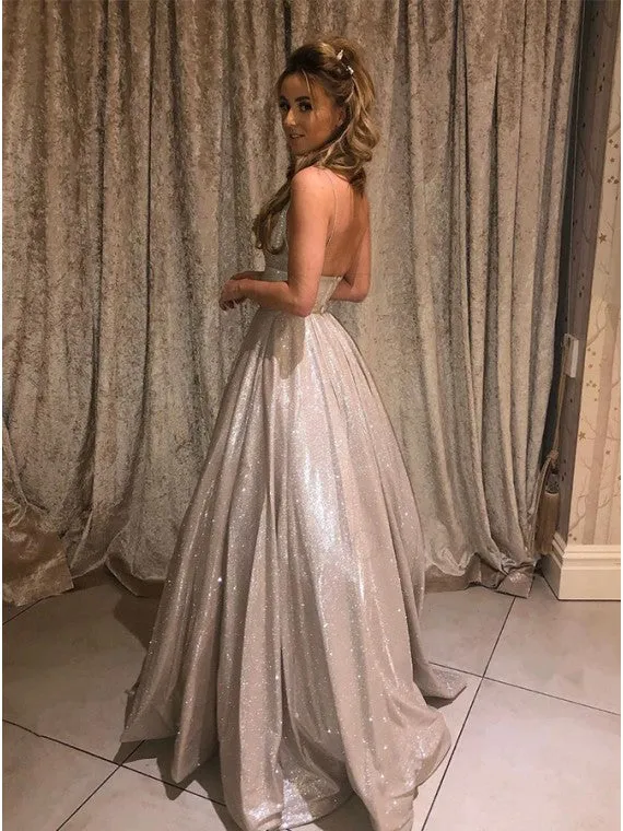 Sparkly Lavender A-line V-neck Spaghetti Straps Prom Dresses, Evening Dress, MP634