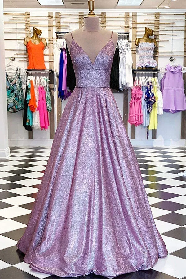 Sparkly Lavender A-line V-neck Spaghetti Straps Prom Dresses, Evening Dress, MP634