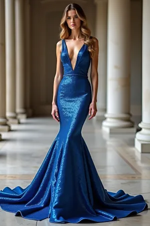 Sparkly Royal Blue Deep V-Neck Mermaid Long Prom Dress