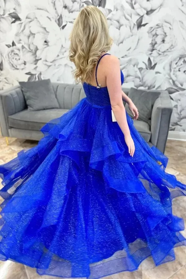 Sparkly Royal Blue Tulle A-line V-neck Multi-Layer Long Prom Dresses, MP911