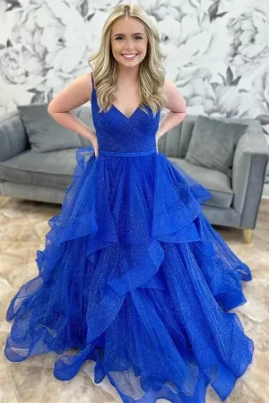 Sparkly Royal Blue Tulle A-line V-neck Multi-Layer Long Prom Dresses, MP911