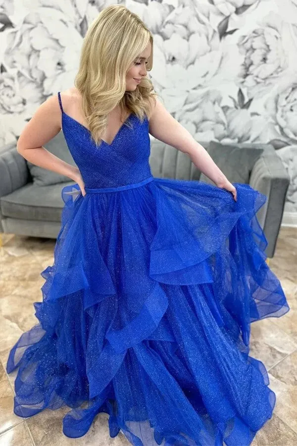 Sparkly Royal Blue Tulle A-line V-neck Multi-Layer Long Prom Dresses, MP911