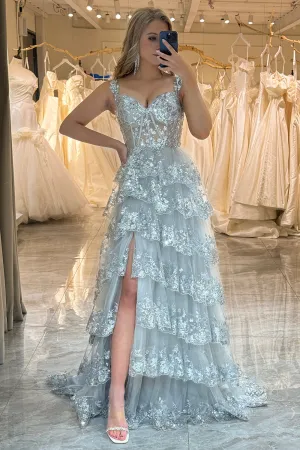 Sparkly Silver Tiered A-Line Long Formal Dress with Lace