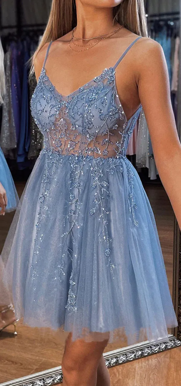 Sparkly Spaghetti Straps V-neck A-line Tulle Dusty Blue Homecoming Dresses Online, HD0671
