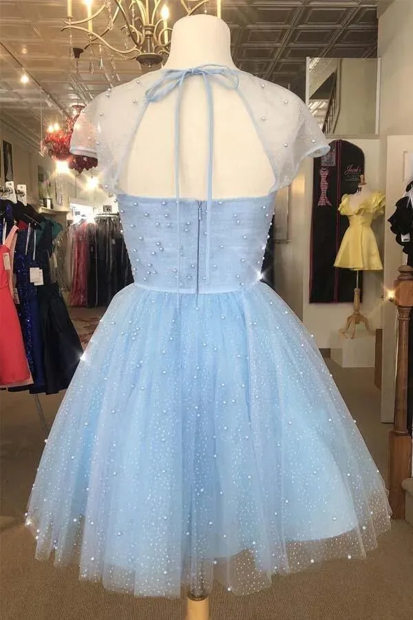 Sparkly Tulle Sky Blue Cap Sleeves Homecoming Dress, Graduation Dress, MH609