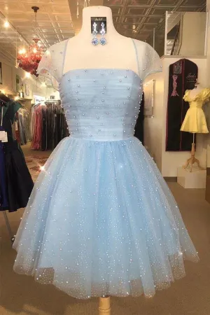 Sparkly Tulle Sky Blue Cap Sleeves Homecoming Dress, Graduation Dress, MH609