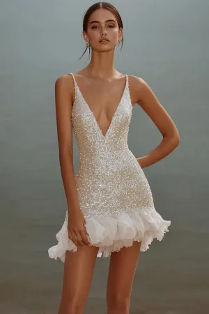 Sparkly White Bodycon Sequins V-Neck Graduation Dress