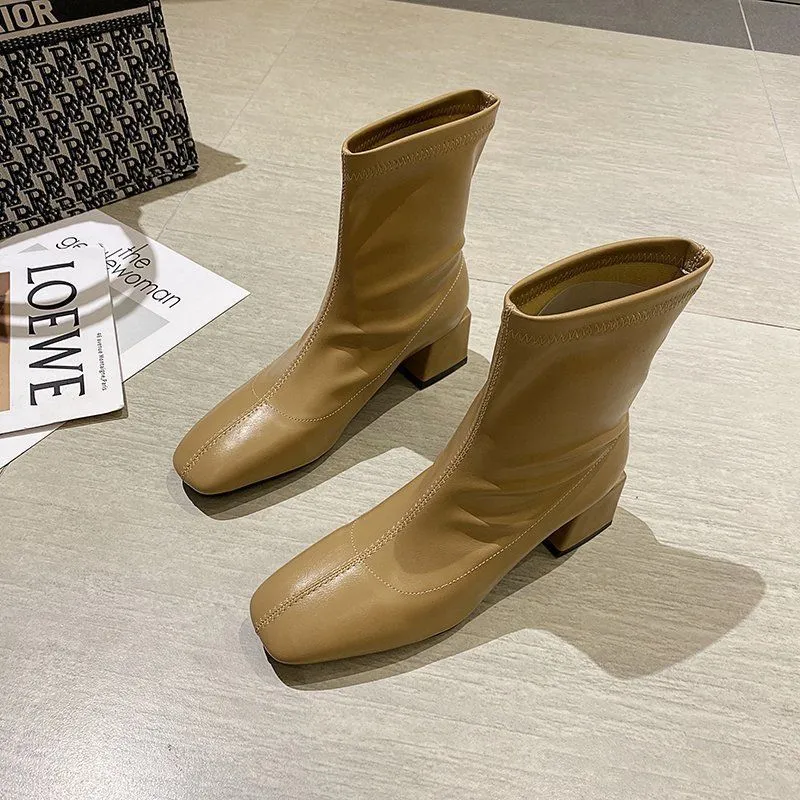 Square Toe Thin Boots Elastic Boots Mid-Heel Martin Boots Women