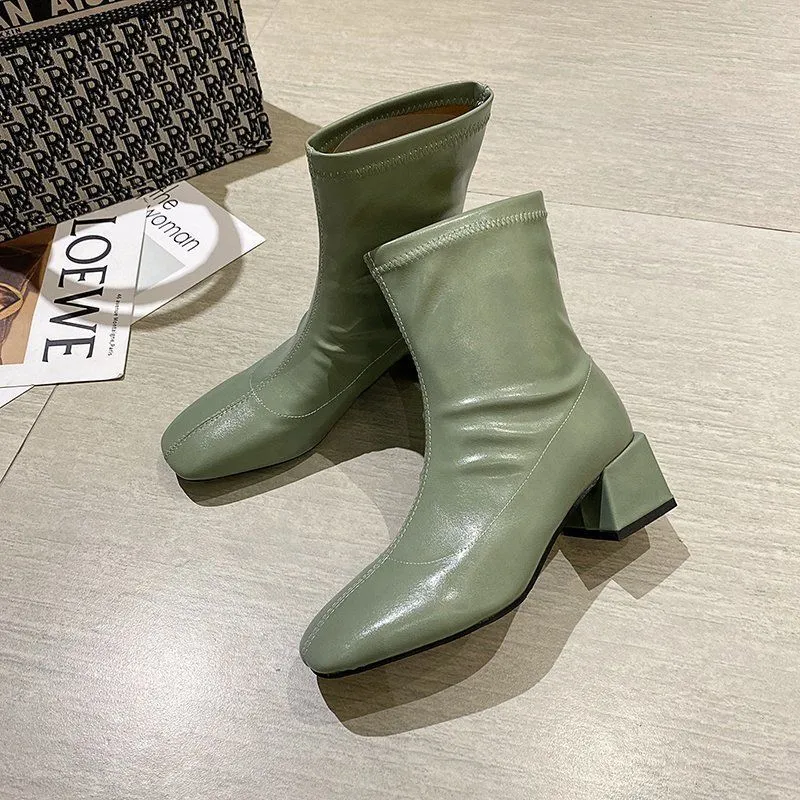 Square Toe Thin Boots Elastic Boots Mid-Heel Martin Boots Women