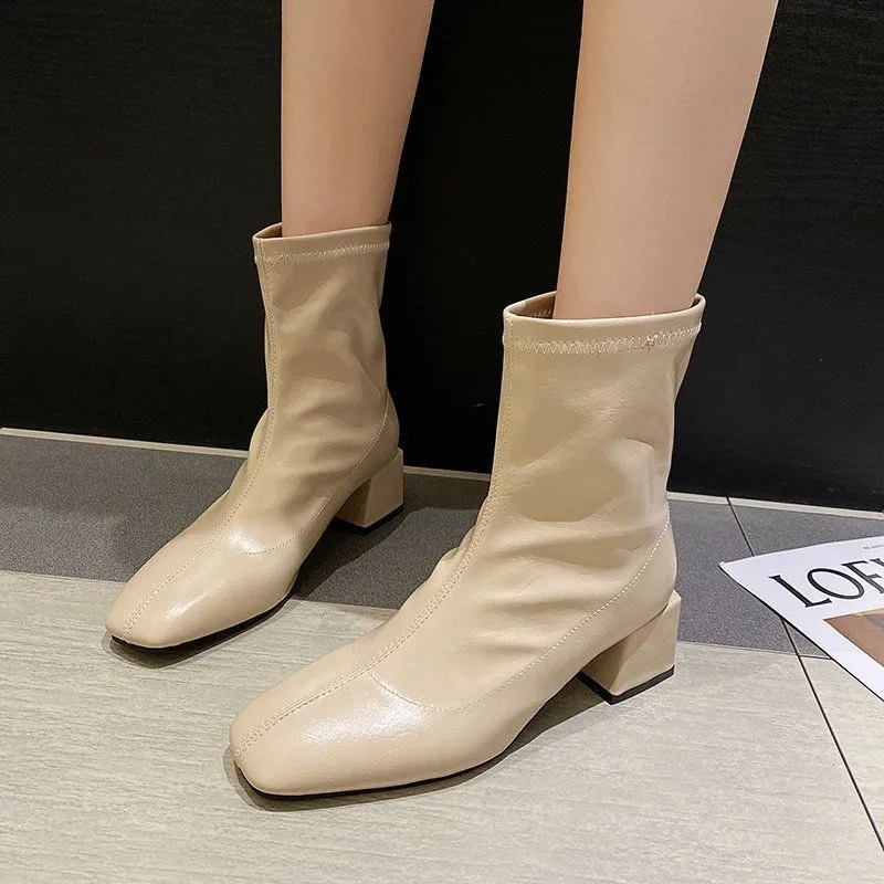 Square Toe Thin Boots Elastic Boots Mid-Heel Martin Boots Women