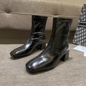 Square Toe Thin Boots Elastic Boots Mid-Heel Martin Boots Women