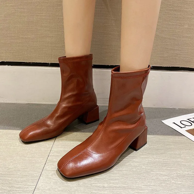 Square Toe Thin Boots Elastic Boots Mid-Heel Martin Boots Women