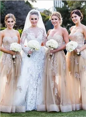 Sweetheart Strapless Applique Tulle Bridesmaid Dresses Floor Length