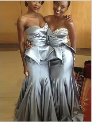 Sweetheart Strapless Satin Train Bridesmaid Dresses With Beading