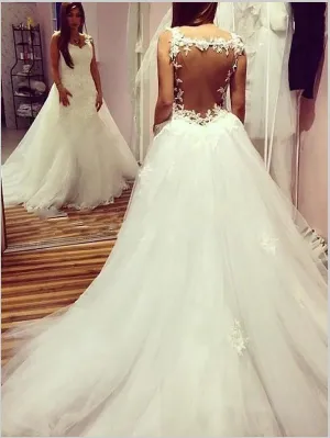 Sweetheart Tulle Sleeveless Backless Wedding Dresses Chapel Train Ball Gown