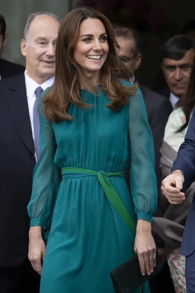Teal Green Princess Kate Middleton Long Sleeves Dress Round Neck Prom Celebrity Dress Aga Khan Centre