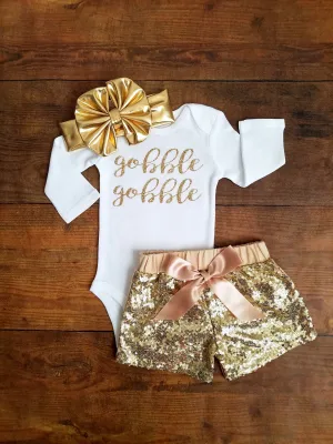Thanksgiving Outfit Girl Gobble Gobble Outfit Girl Sequin Shorts