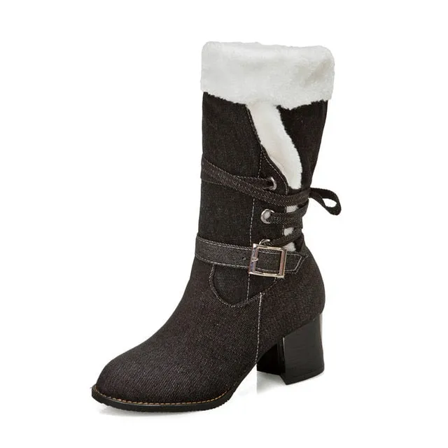 Top Quality Women Snow Boots Warm Thick Fur Winter Boots Shoes Plus Size 6CM Heels Ladies Mid-calf Shoes Comfort Botas Mujer