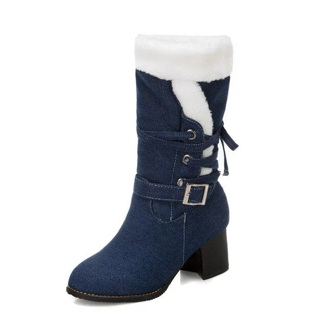 Top Quality Women Snow Boots Warm Thick Fur Winter Boots Shoes Plus Size 6CM Heels Ladies Mid-calf Shoes Comfort Botas Mujer