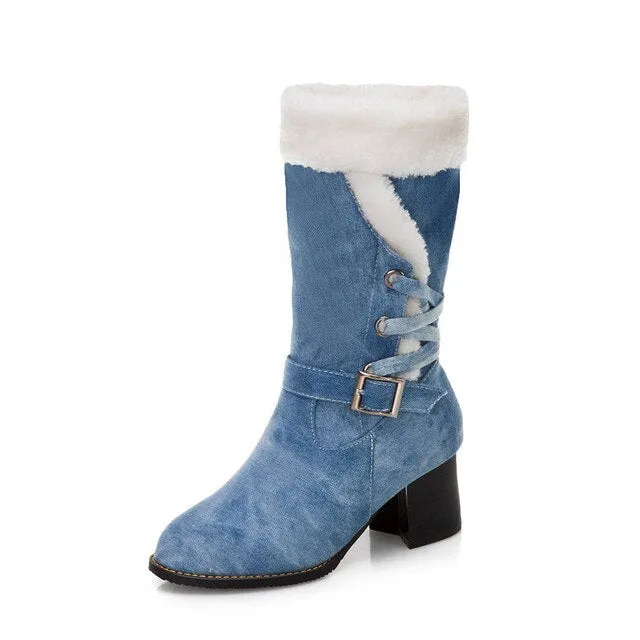 Top Quality Women Snow Boots Warm Thick Fur Winter Boots Shoes Plus Size 6CM Heels Ladies Mid-calf Shoes Comfort Botas Mujer
