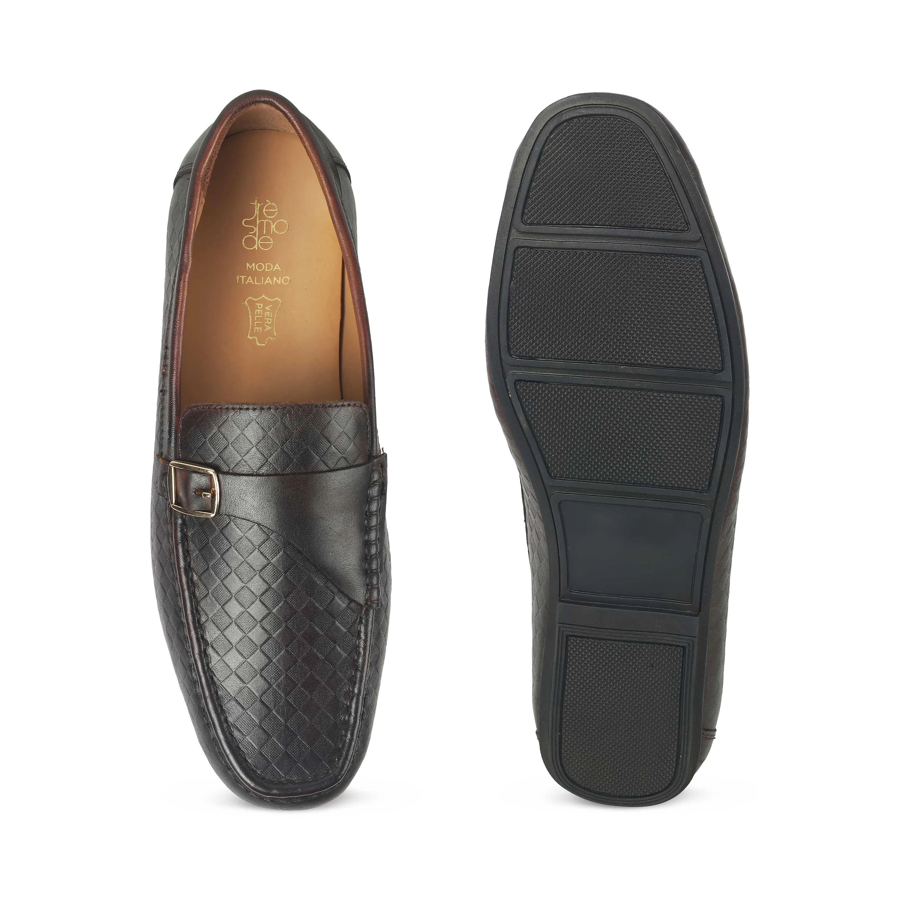 Tresmode Smat Brown Men's Leather Single Monk Shoes