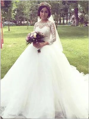 Tulle Long Sleeves Bateau Wedding Dresses Court Train Ball Gown