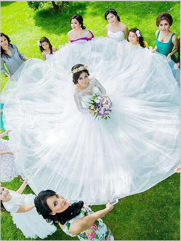 Tulle Long Sleeves Bateau Wedding Dresses Court Train Ball Gown