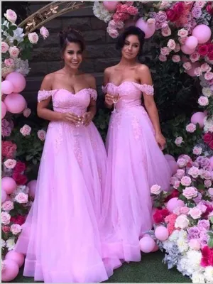 Tulle Off Shoulder Applique Bridesmaid Dresses Floor Length