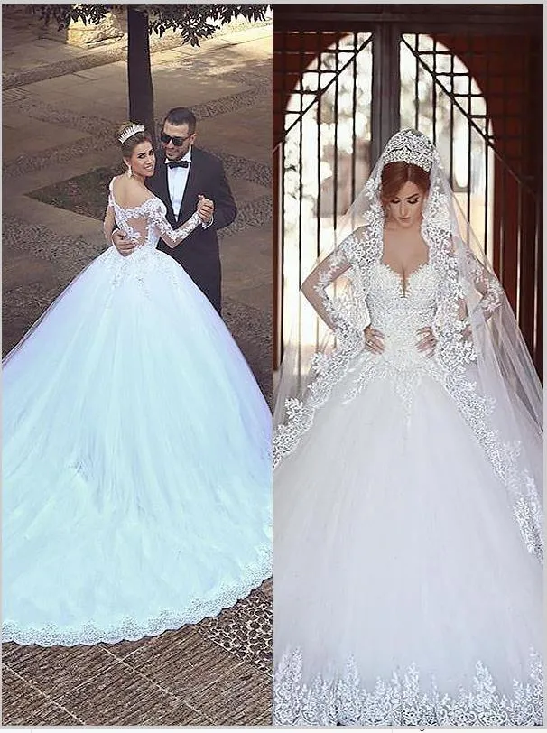 Tulle Off Shoulder Long Sleeves Wedding Dresses Court Train Ball Gown